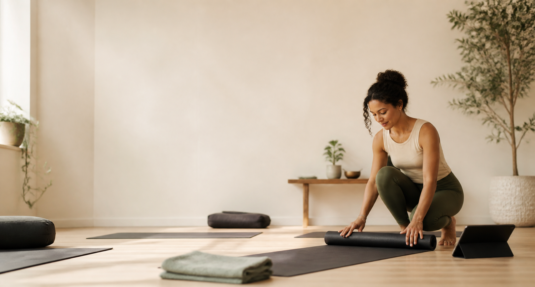 Yoga teacher preparing a calm studio space with a tablet nearby